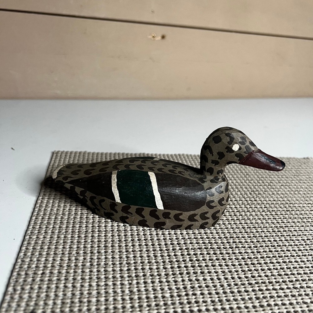 Vintage Hand Painted Miniature Wooden Duck Decoy Figurine Folk Art Brown Green